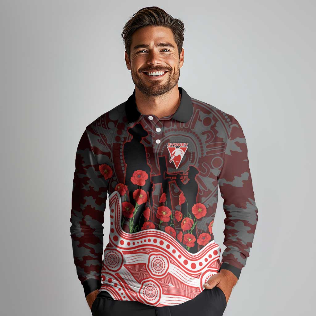 Sydney Swans ANZAC Day Long Sleeve Polo Shirt Indigenous Dot Art with Poppy Flower Tribute