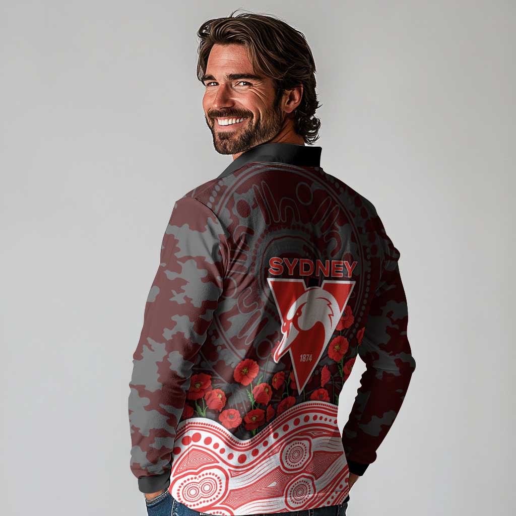 Sydney Swans ANZAC Day Long Sleeve Polo Shirt Indigenous Dot Art with Poppy Flower Tribute
