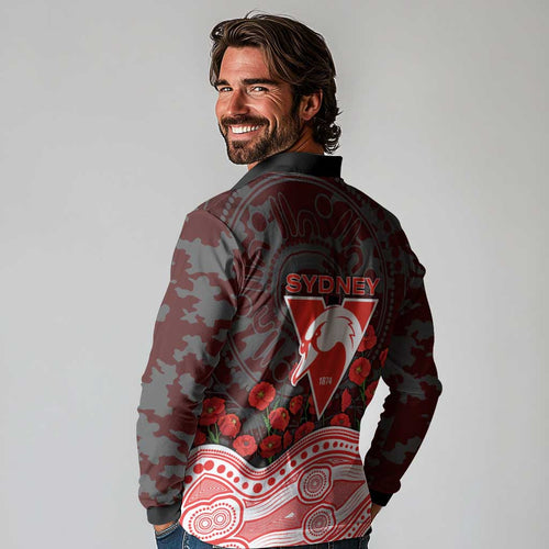 Sydney Swans ANZAC Day Long Sleeve Polo Shirt Indigenous Dot Art with Poppy Flower Tribute