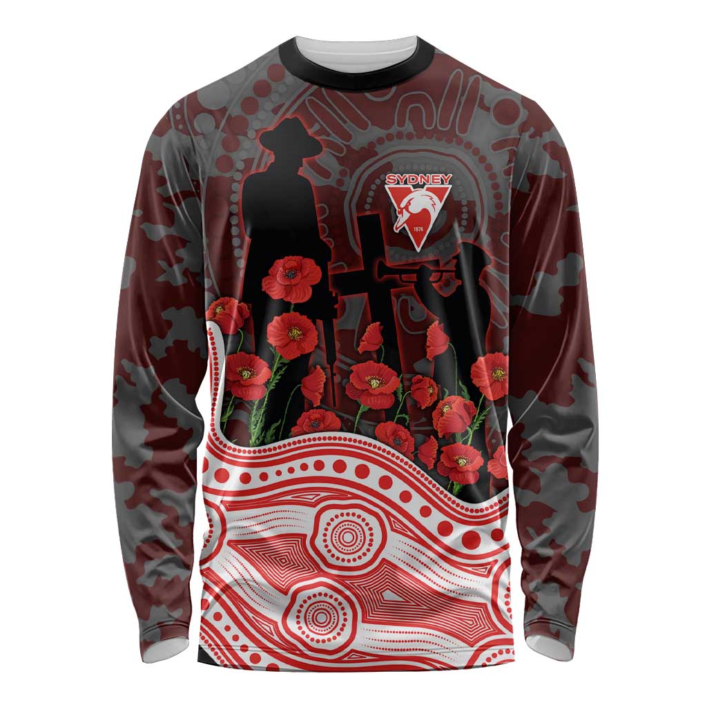 Sydney Swans ANZAC Day Long Sleeve Shirt Indigenous Dot Art with Poppy Flower Tribute