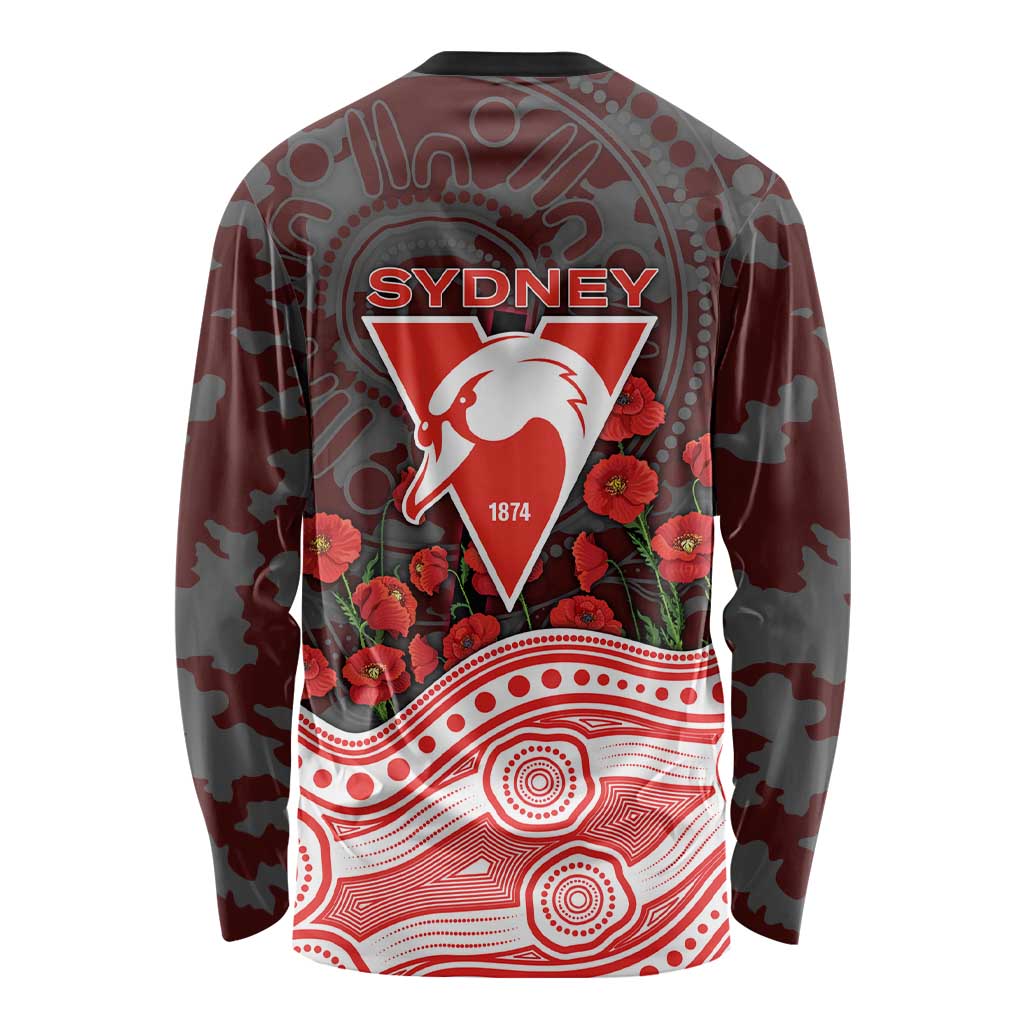 Sydney Swans ANZAC Day Long Sleeve Shirt Indigenous Dot Art with Poppy Flower Tribute