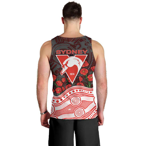Sydney Swans ANZAC Day Men Tank Top Indigenous Dot Art with Poppy Flower Tribute