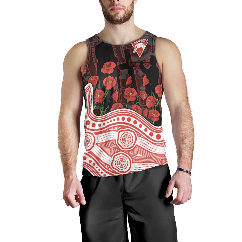 Sydney Swans ANZAC Day Men Tank Top Indigenous Dot Art with Poppy Flower Tribute