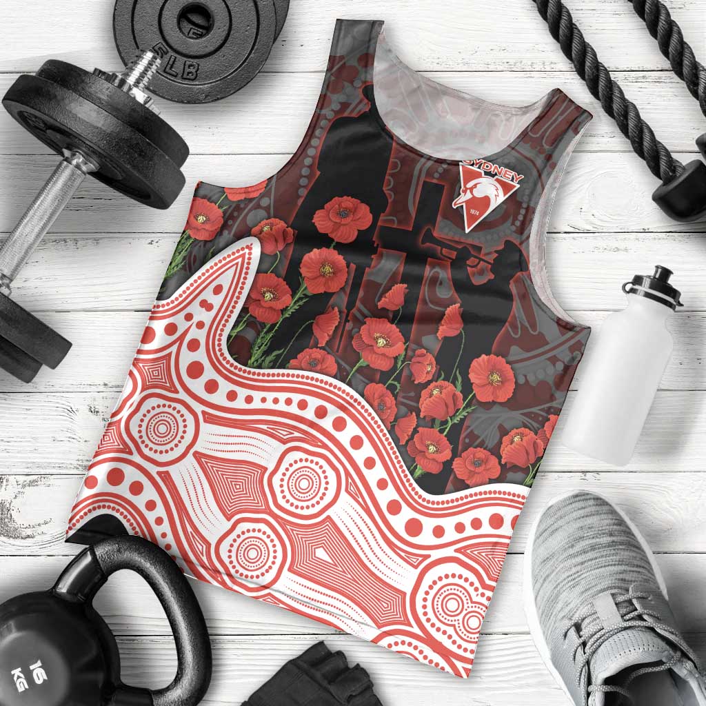 Sydney Swans ANZAC Day Men Tank Top Indigenous Dot Art with Poppy Flower Tribute