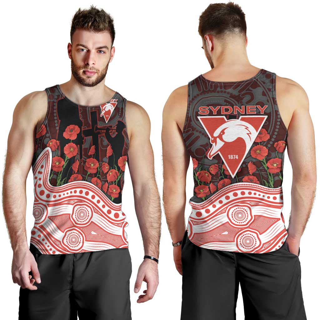 Sydney Swans ANZAC Day Men Tank Top Indigenous Dot Art with Poppy Flower Tribute