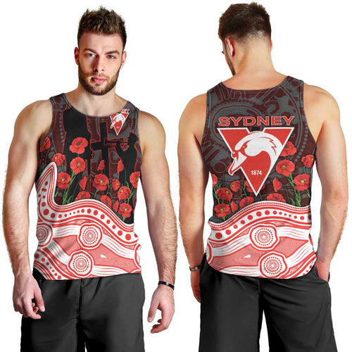 Sydney Swans ANZAC Day Men Tank Top Indigenous Dot Art with Poppy Flower Tribute