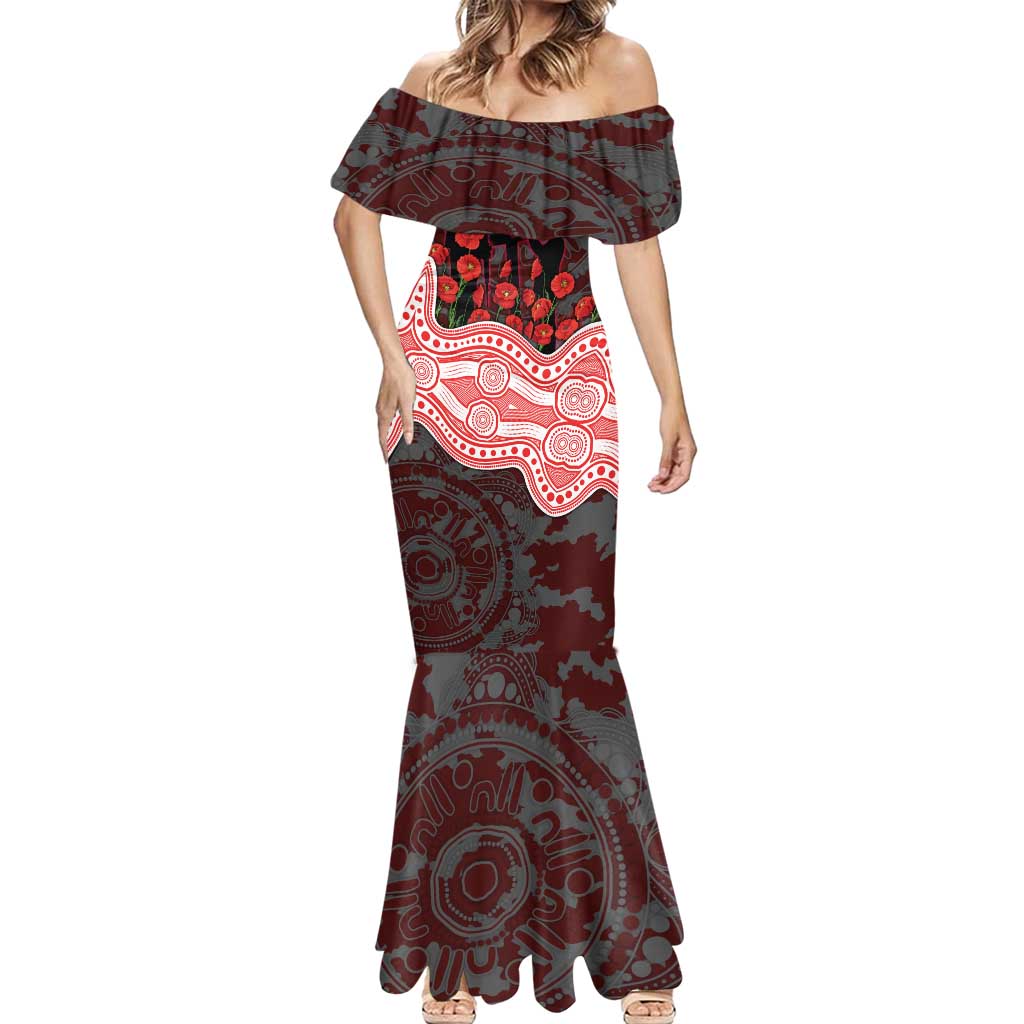 Sydney Swans ANZAC Day Mermaid Dress Indigenous Dot Art with Poppy Flower Tribute