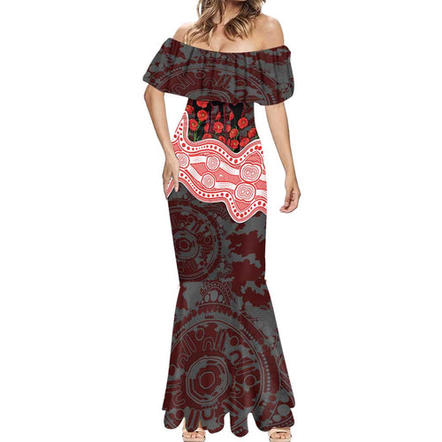 Sydney Swans ANZAC Day Mermaid Dress Indigenous Dot Art with Poppy Flower Tribute