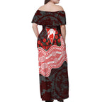 Sydney Swans ANZAC Day Off Shoulder Maxi Dress Indigenous Dot Art with Poppy Flower Tribute