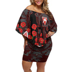 Sydney Swans ANZAC Day Off Shoulder Short Dress Indigenous Dot Art with Poppy Flower Tribute