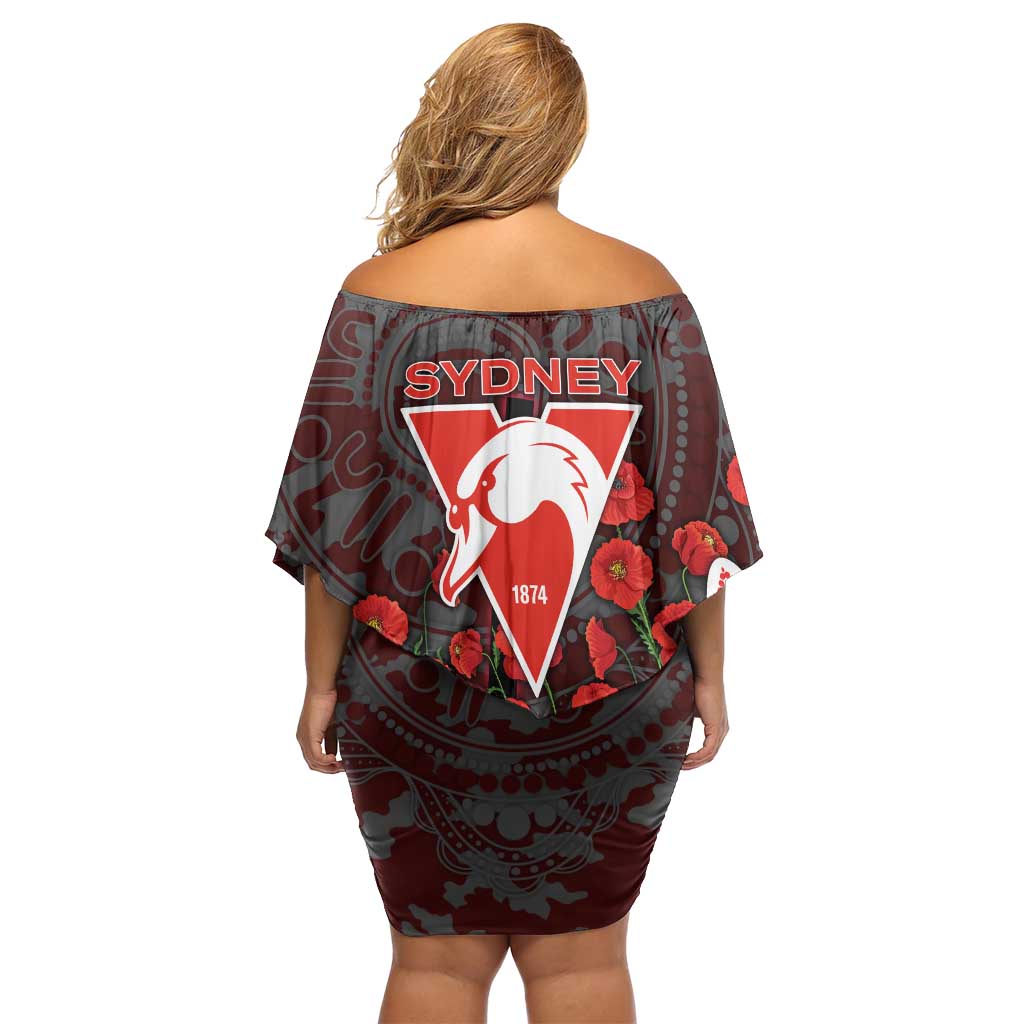 Sydney Swans ANZAC Day Off Shoulder Short Dress Indigenous Dot Art with Poppy Flower Tribute