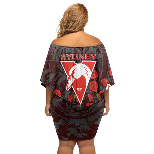 Sydney Swans ANZAC Day Off Shoulder Short Dress Indigenous Dot Art with Poppy Flower Tribute