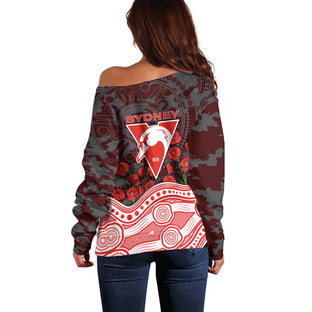 Sydney Swans ANZAC Day Off Shoulder Sweater Indigenous Dot Art with Poppy Flower Tribute