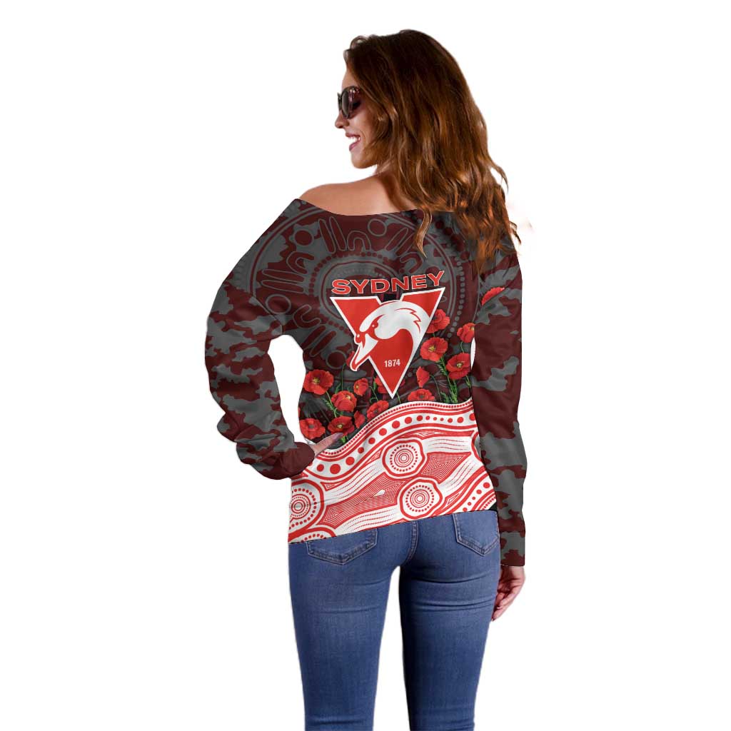 Sydney Swans ANZAC Day Off Shoulder Sweater Indigenous Dot Art with Poppy Flower Tribute