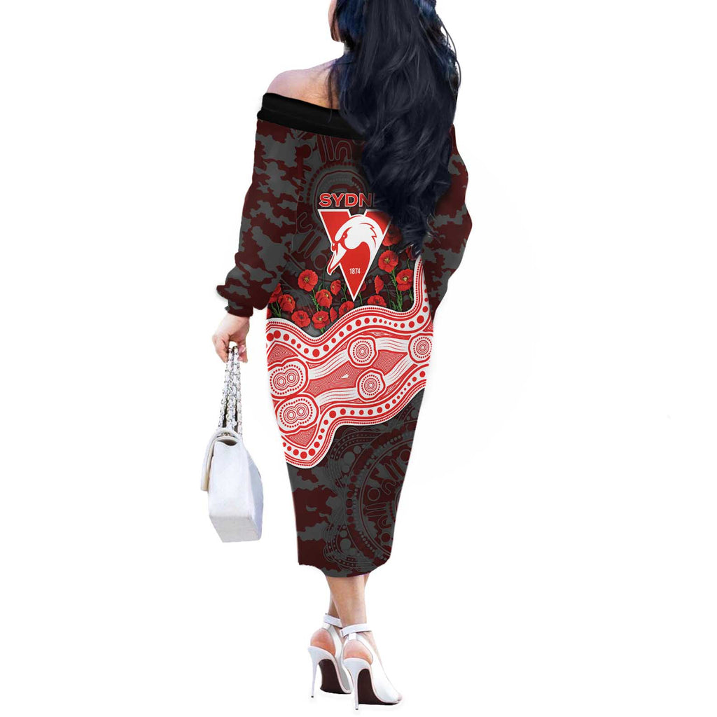 Sydney Swans ANZAC Day Off The Shoulder Long Sleeve Dress Indigenous Dot Art with Poppy Flower Tribute