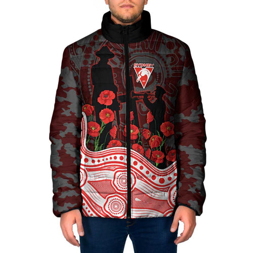 Sydney Swans ANZAC Day Padded Jacket Indigenous Dot Art with Poppy Flower Tribute