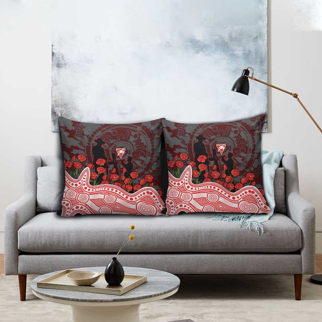 Sydney Swans ANZAC Day Pillow Cover Indigenous Dot Art with Poppy Flower Tribute