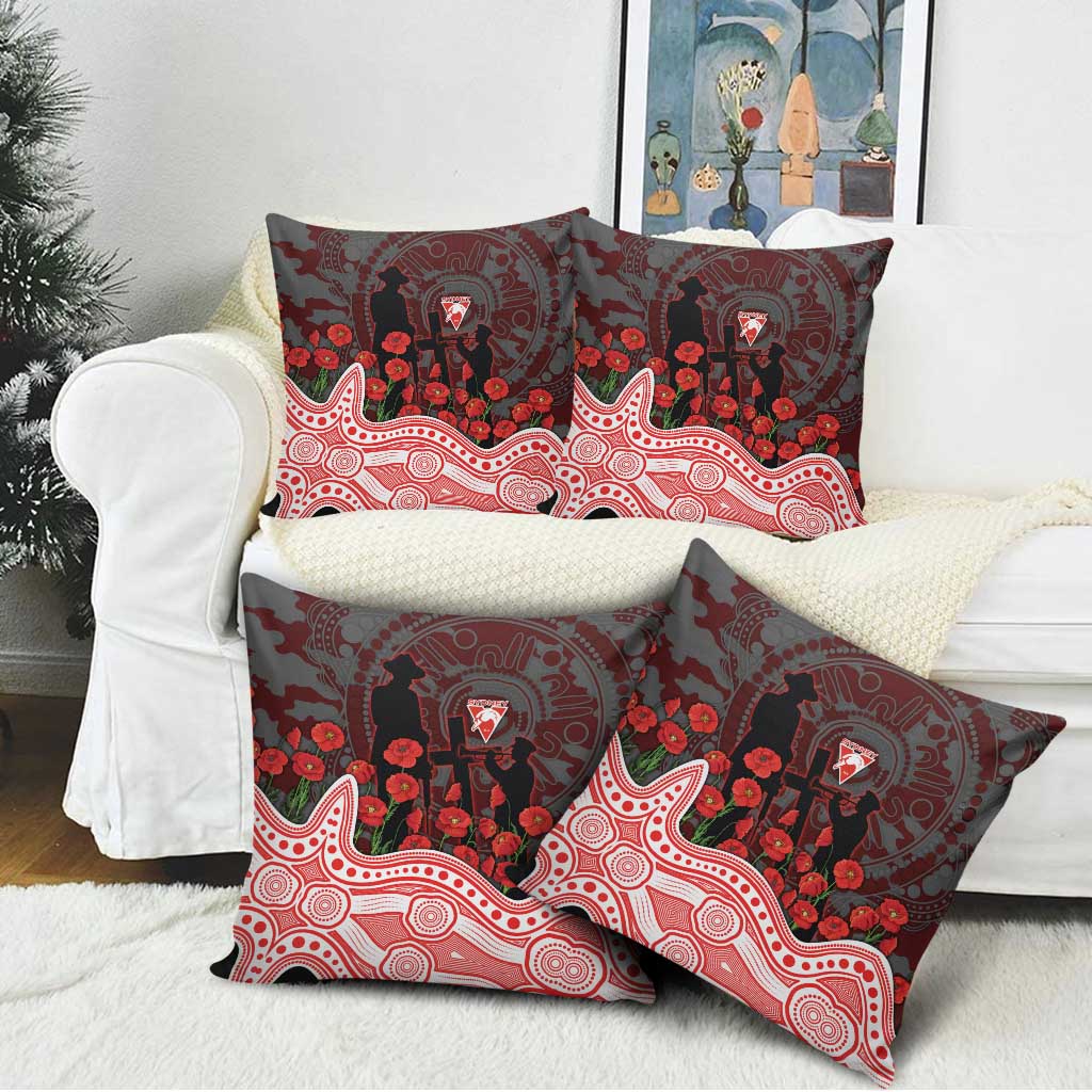 Sydney Swans ANZAC Day Pillow Cover Indigenous Dot Art with Poppy Flower Tribute