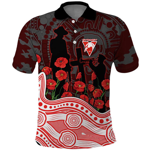 Sydney Swans ANZAC Day Polo Shirt Indigenous Dot Art with Poppy Flower Tribute