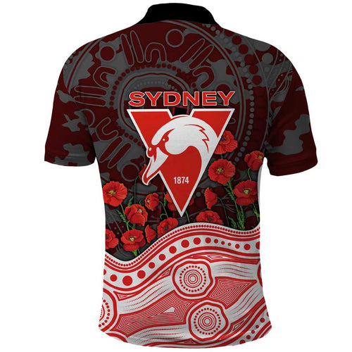 Sydney Swans ANZAC Day Polo Shirt Indigenous Dot Art with Poppy Flower Tribute