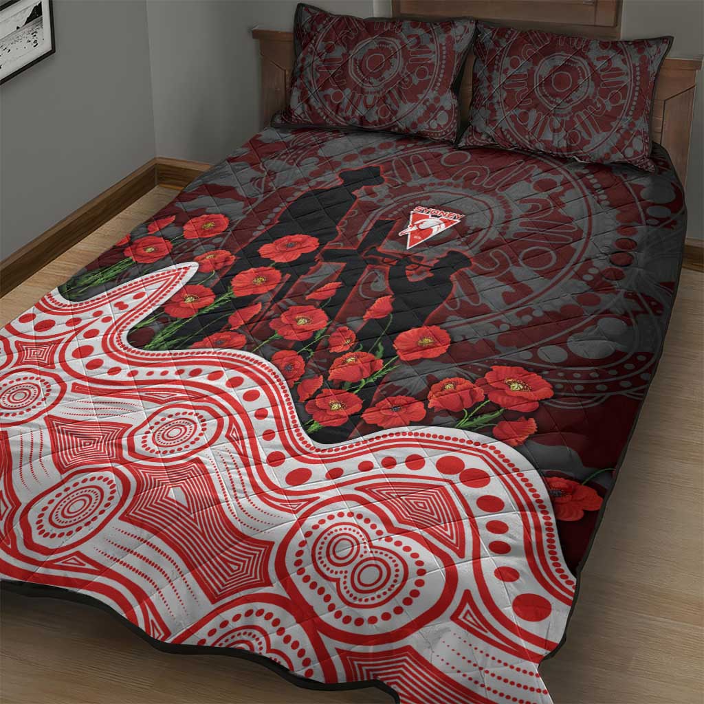 Sydney Swans ANZAC Day Quilt Bed Set Indigenous Dot Art with Poppy Flower Tribute