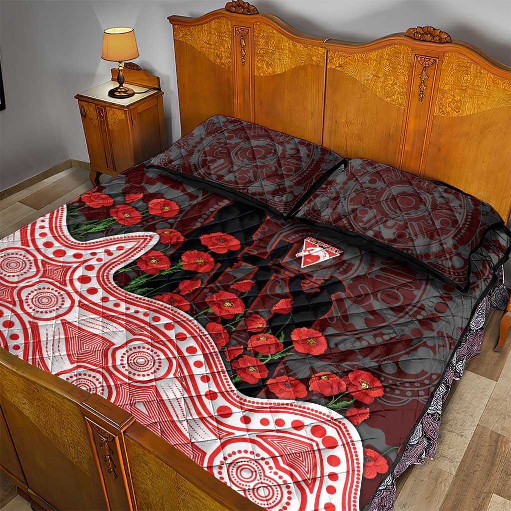 Sydney Swans ANZAC Day Quilt Bed Set Indigenous Dot Art with Poppy Flower Tribute