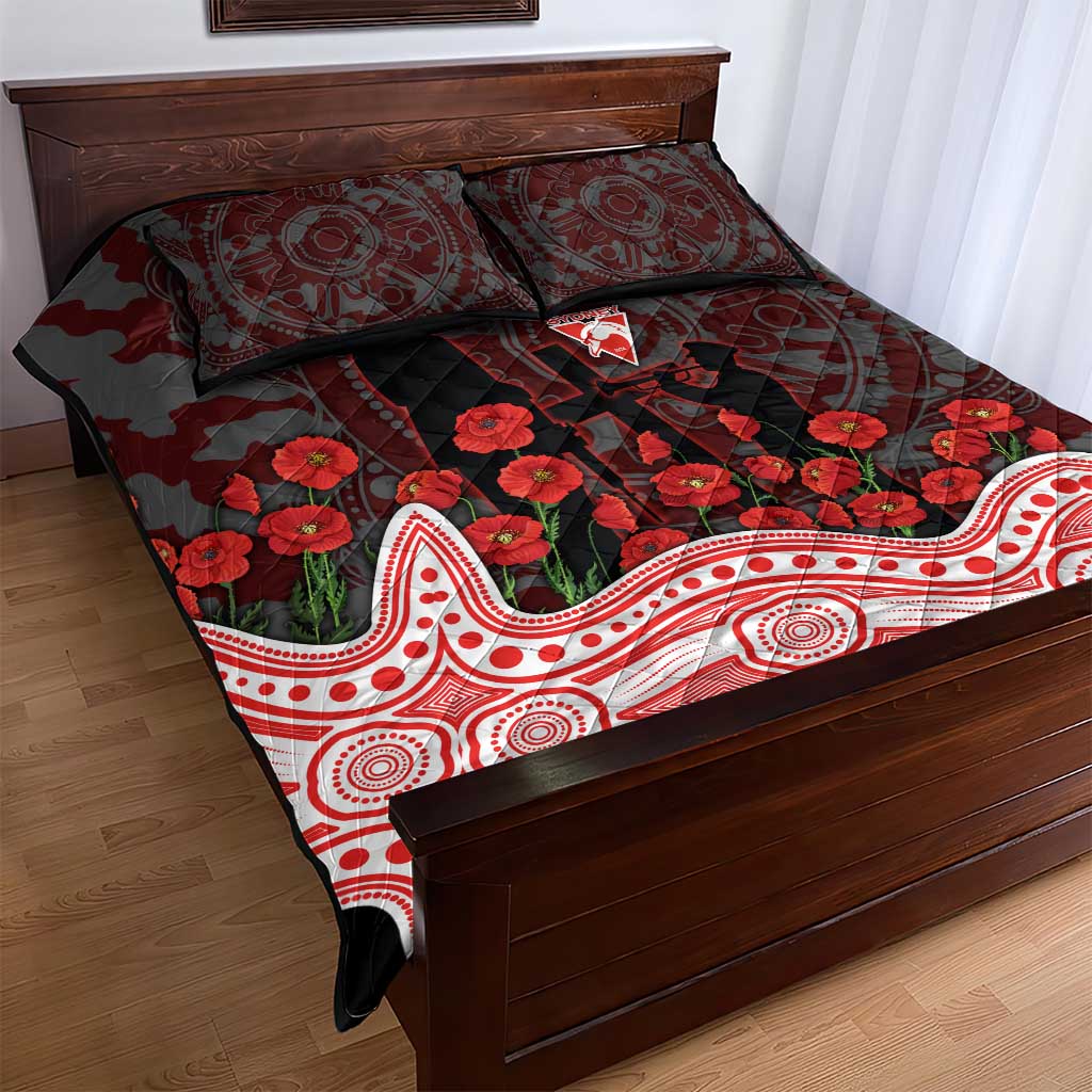 Sydney Swans ANZAC Day Quilt Bed Set Indigenous Dot Art with Poppy Flower Tribute