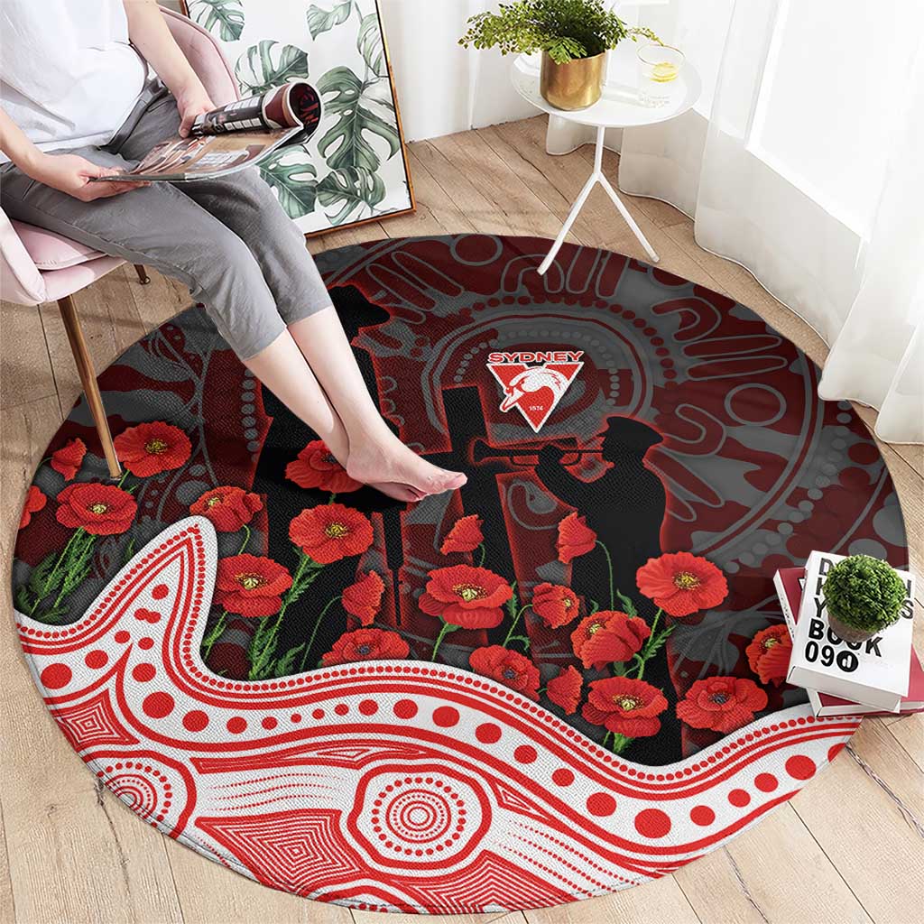 Sydney Swans ANZAC Day Round Carpet Indigenous Dot Art with Poppy Flower Tribute