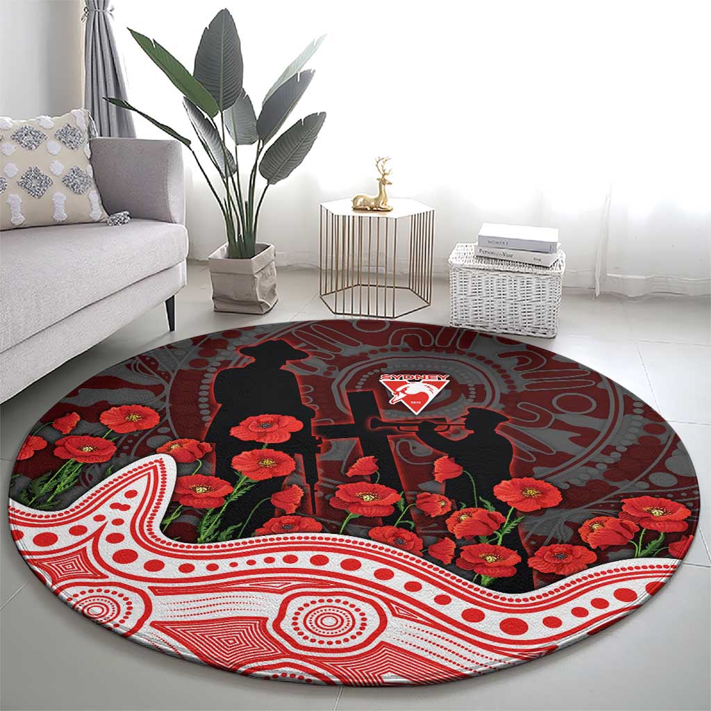 Sydney Swans ANZAC Day Round Carpet Indigenous Dot Art with Poppy Flower Tribute