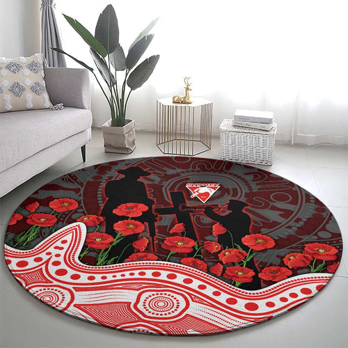 Sydney Swans ANZAC Day Round Carpet Indigenous Dot Art with Poppy Flower Tribute