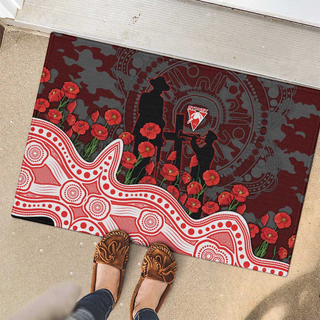 Sydney Swans ANZAC Day Rubber Doormat Indigenous Dot Art with Poppy Flower Tribute