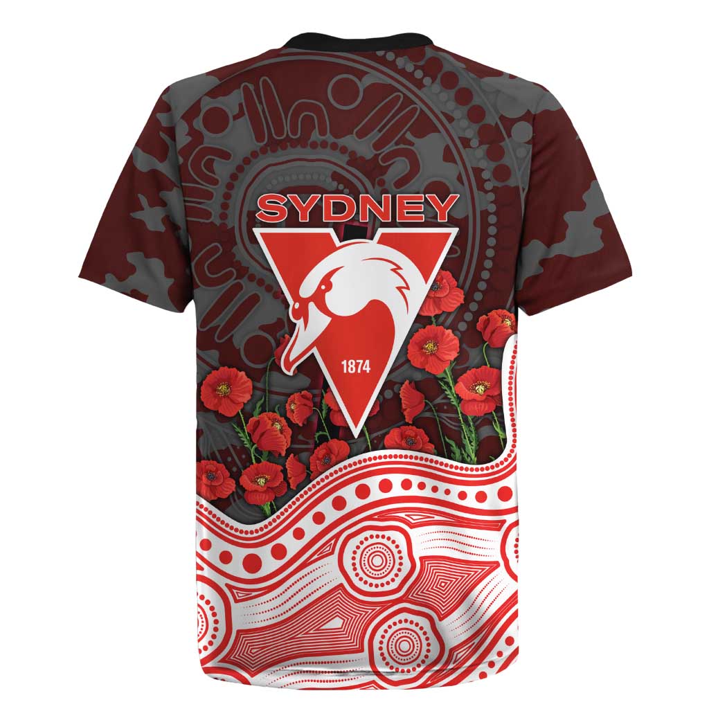 Sydney Swans ANZAC Day Rugby Jersey Indigenous Dot Art with Poppy Flower Tribute