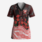 Sydney Swans ANZAC Day Scrub Top Indigenous Dot Art with Poppy Flower Tribute