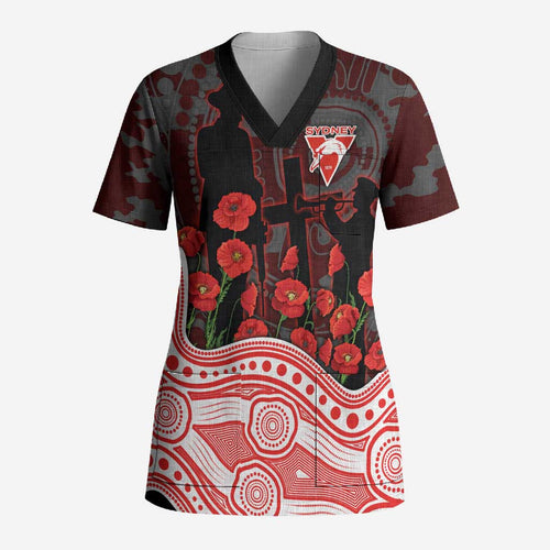 Sydney Swans ANZAC Day Scrub Top Indigenous Dot Art with Poppy Flower Tribute