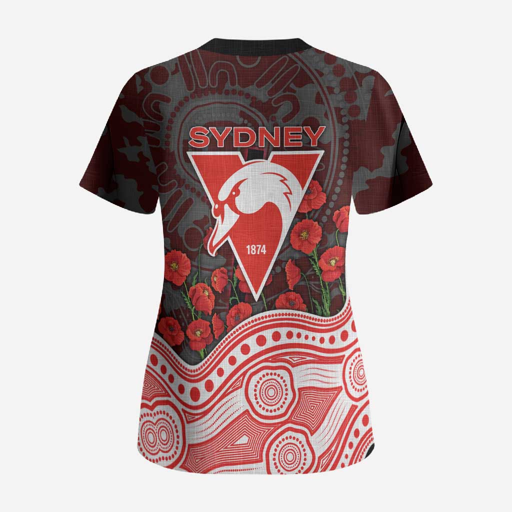 Sydney Swans ANZAC Day Scrub Top Indigenous Dot Art with Poppy Flower Tribute