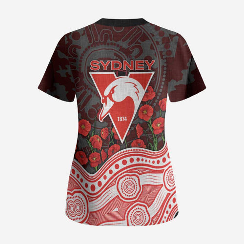 Sydney Swans ANZAC Day Scrub Top Indigenous Dot Art with Poppy Flower Tribute