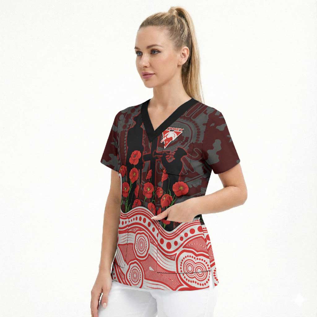 Sydney Swans ANZAC Day Scrub Top Indigenous Dot Art with Poppy Flower Tribute