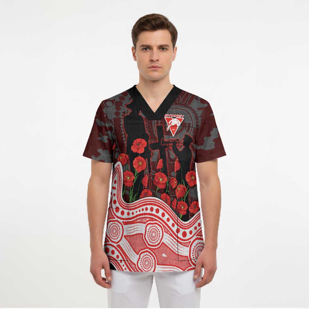 Sydney Swans ANZAC Day Scrub Top Indigenous Dot Art with Poppy Flower Tribute