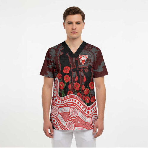 Sydney Swans ANZAC Day Scrub Top Indigenous Dot Art with Poppy Flower Tribute