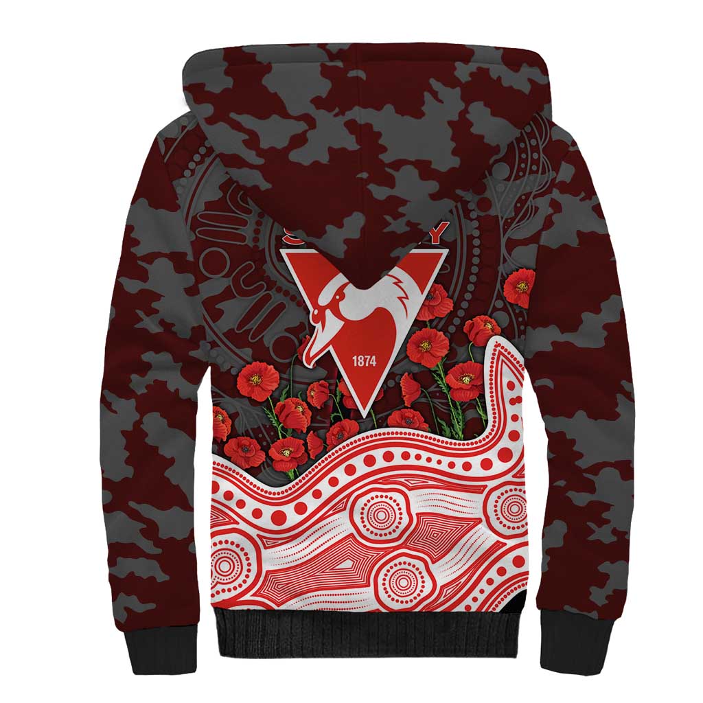 Sydney Swans ANZAC Day Sherpa Hoodie Indigenous Dot Art with Poppy Flower Tribute