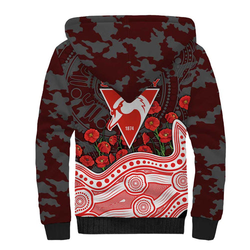 Sydney Swans ANZAC Day Sherpa Hoodie Indigenous Dot Art with Poppy Flower Tribute