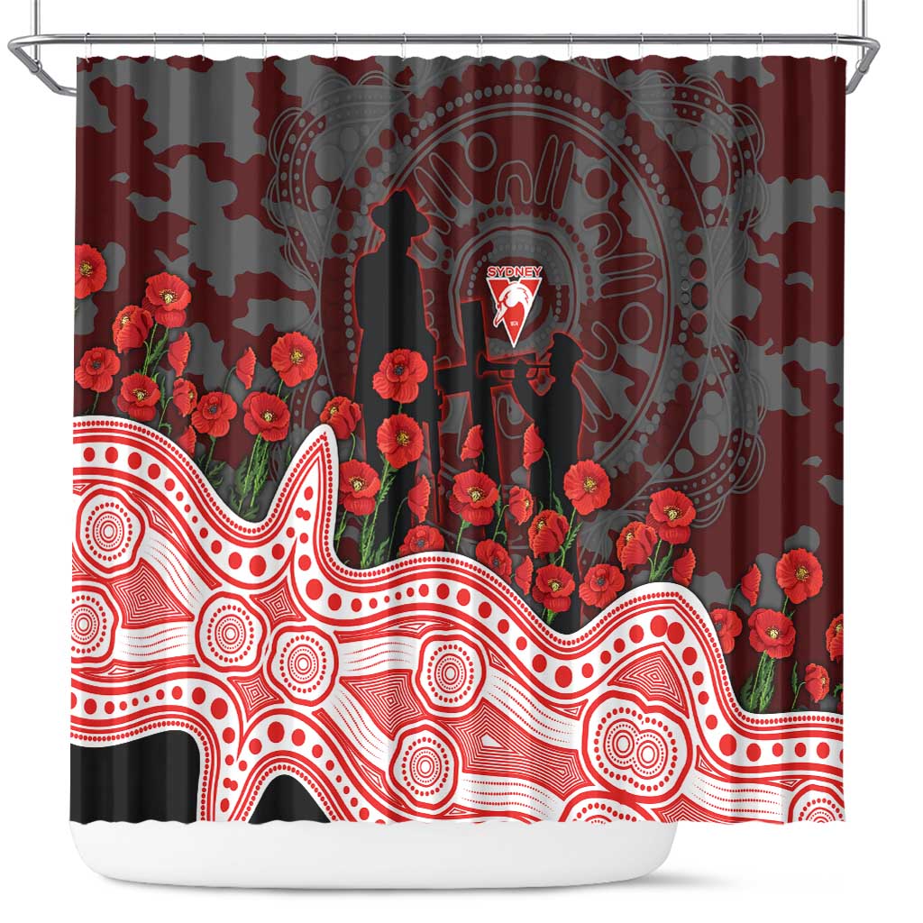 Sydney Swans ANZAC Day Shower Curtain Indigenous Dot Art with Poppy Flower Tribute