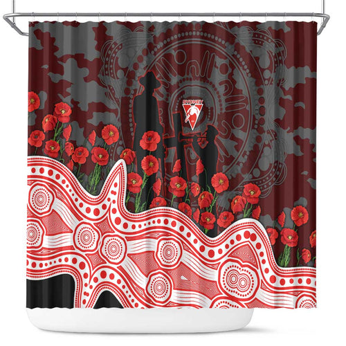 Sydney Swans ANZAC Day Shower Curtain Indigenous Dot Art with Poppy Flower Tribute
