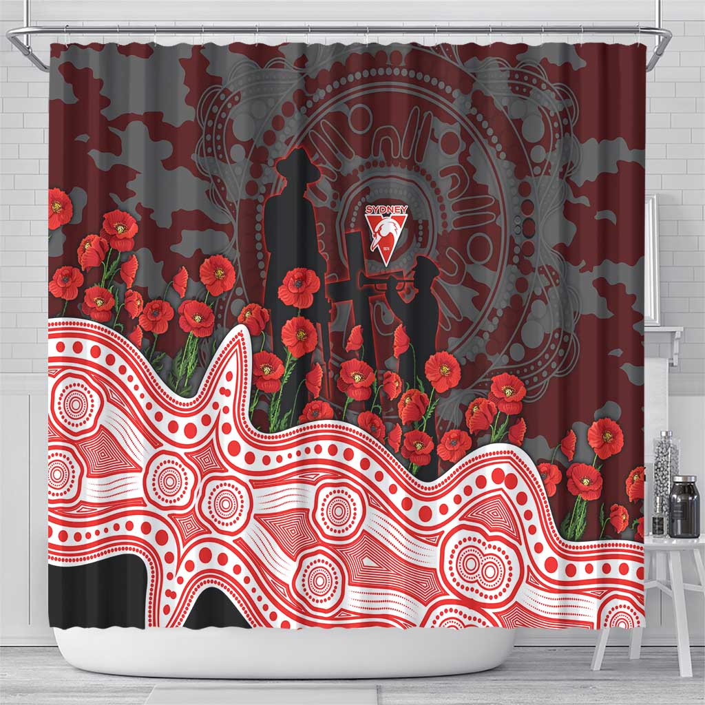 Sydney Swans ANZAC Day Shower Curtain Indigenous Dot Art with Poppy Flower Tribute