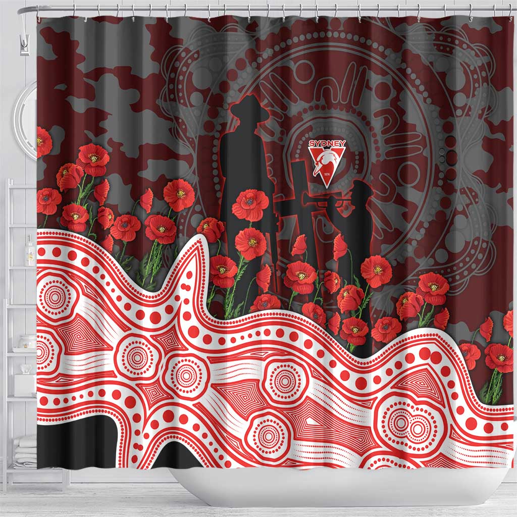 Sydney Swans ANZAC Day Shower Curtain Indigenous Dot Art with Poppy Flower Tribute