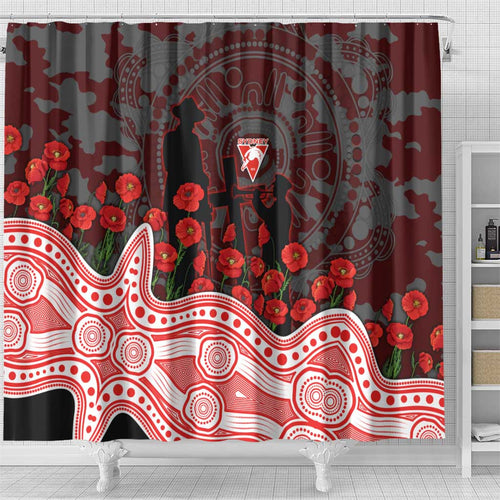 Sydney Swans ANZAC Day Shower Curtain Indigenous Dot Art with Poppy Flower Tribute