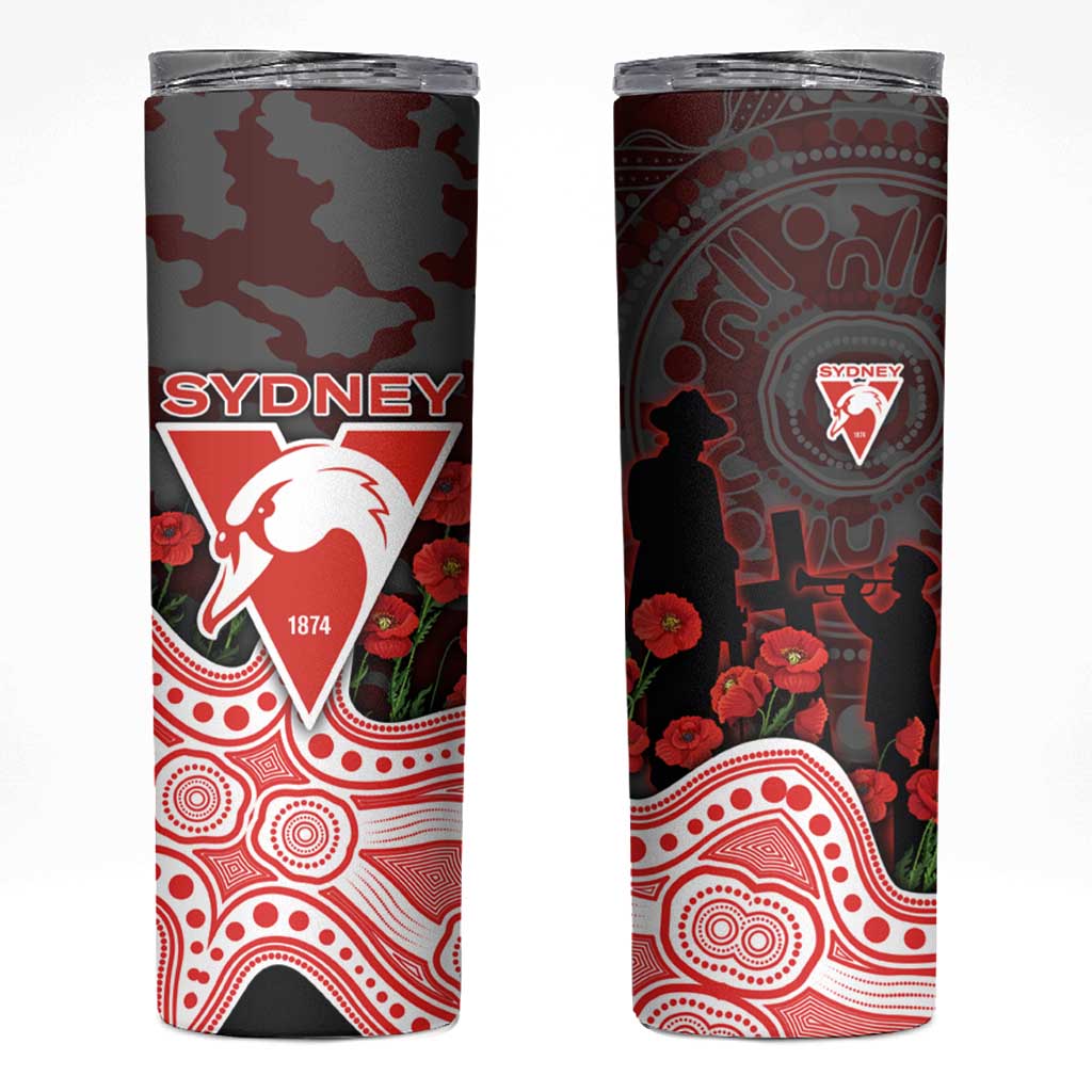 Sydney Swans ANZAC Day Skinny Tumbler Indigenous Dot Art with Poppy Flower Tribute