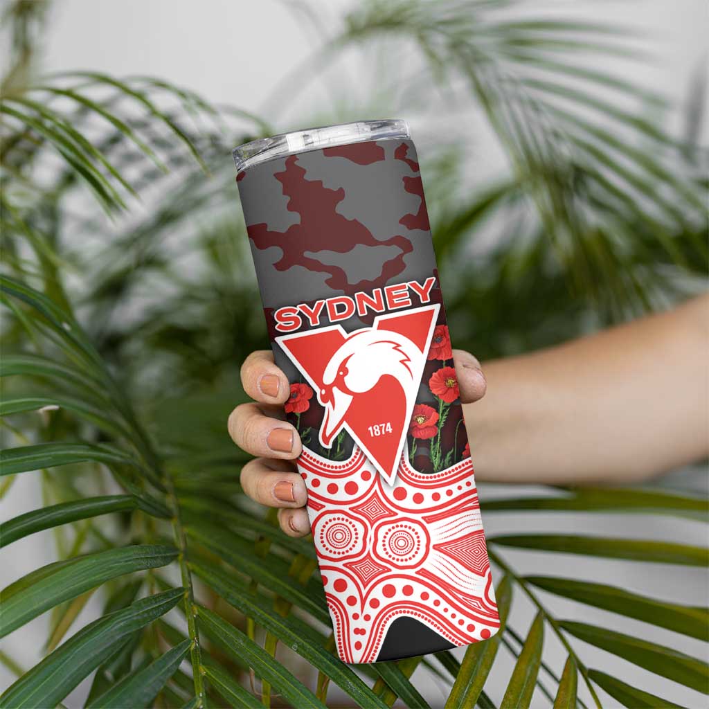 Sydney Swans ANZAC Day Skinny Tumbler Indigenous Dot Art with Poppy Flower Tribute