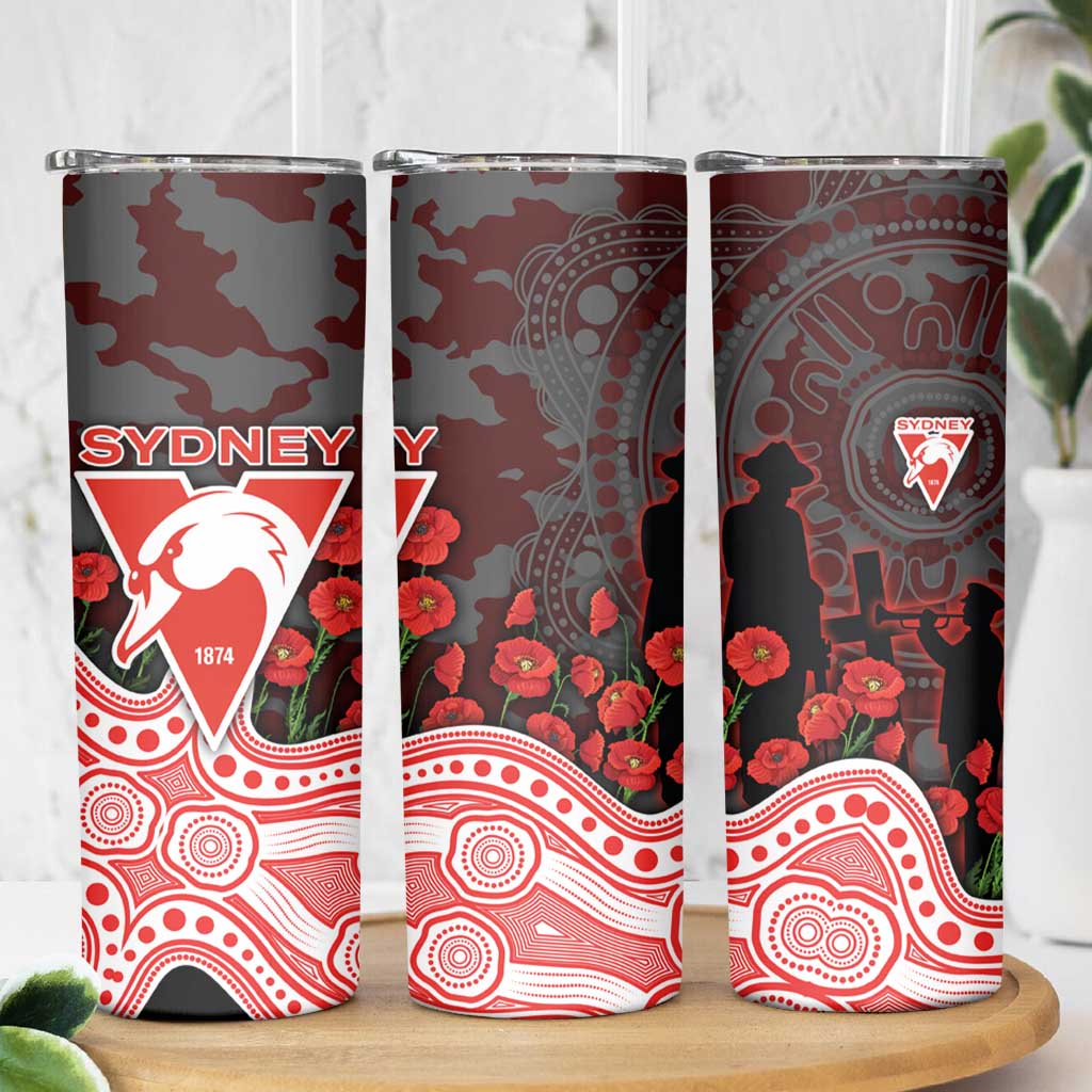 Sydney Swans ANZAC Day Skinny Tumbler Indigenous Dot Art with Poppy Flower Tribute