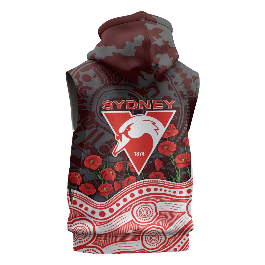 Sydney Swans ANZAC Day Sleeveless Hoodie Indigenous Dot Art with Poppy Flower Tribute